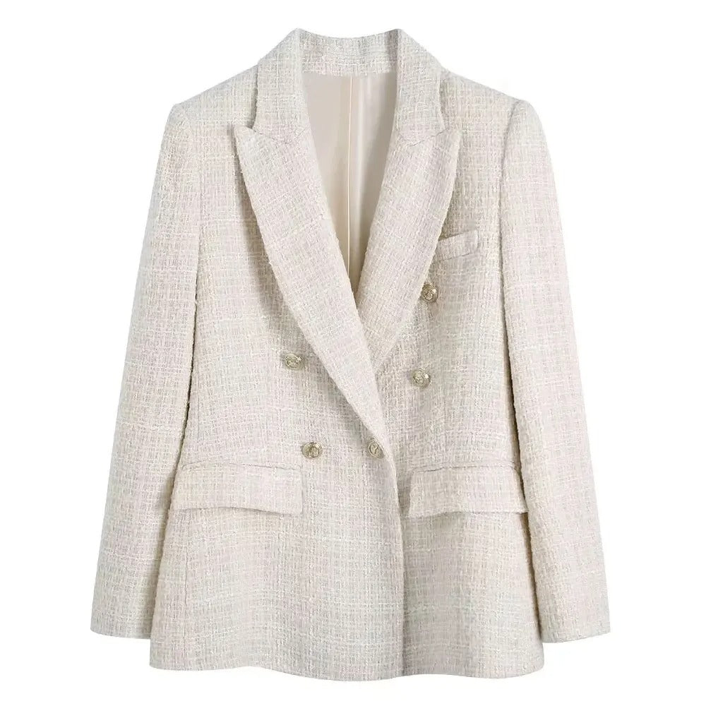 Kvinnors Dubbelknäppt Tweedblazer med Klassisk Stil