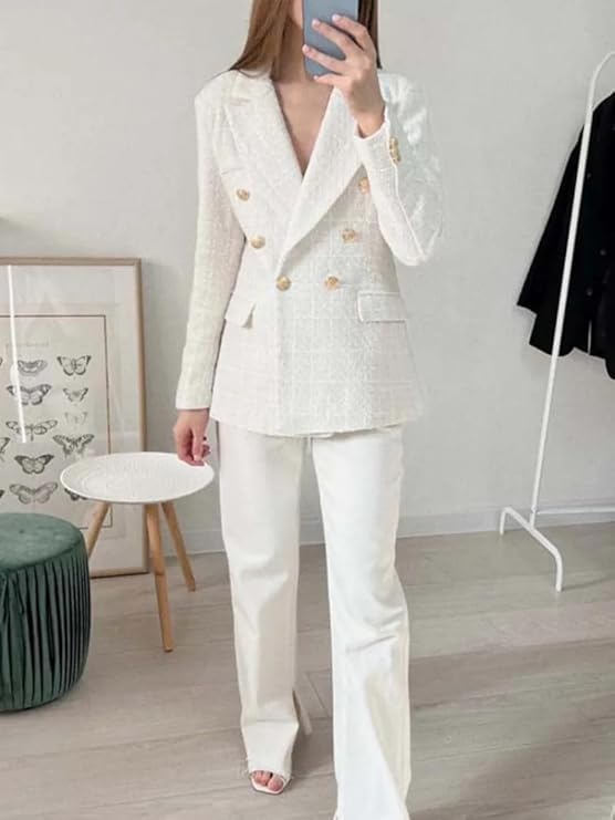 Kvinnors Dubbelknäppt Tweedblazer med Klassisk Stil