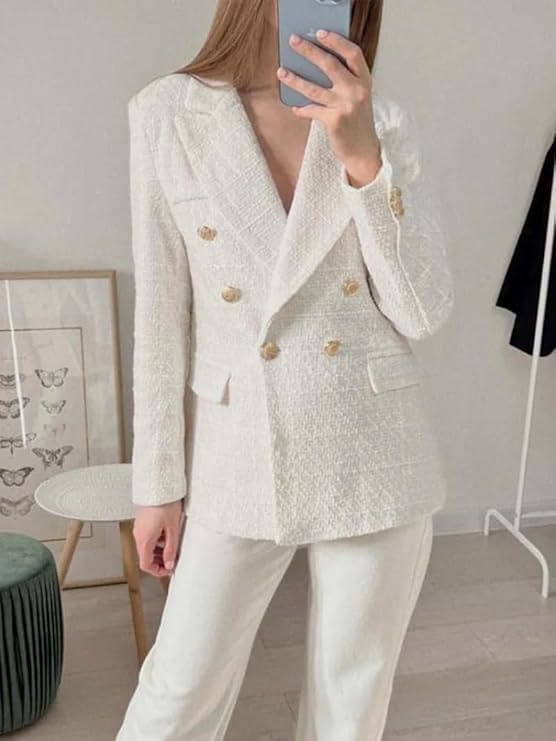 Kvinnors Dubbelknäppt Tweedblazer med Klassisk Stil