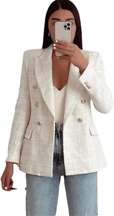 Kvinnors Dubbelknäppt Tweedblazer med Klassisk Stil