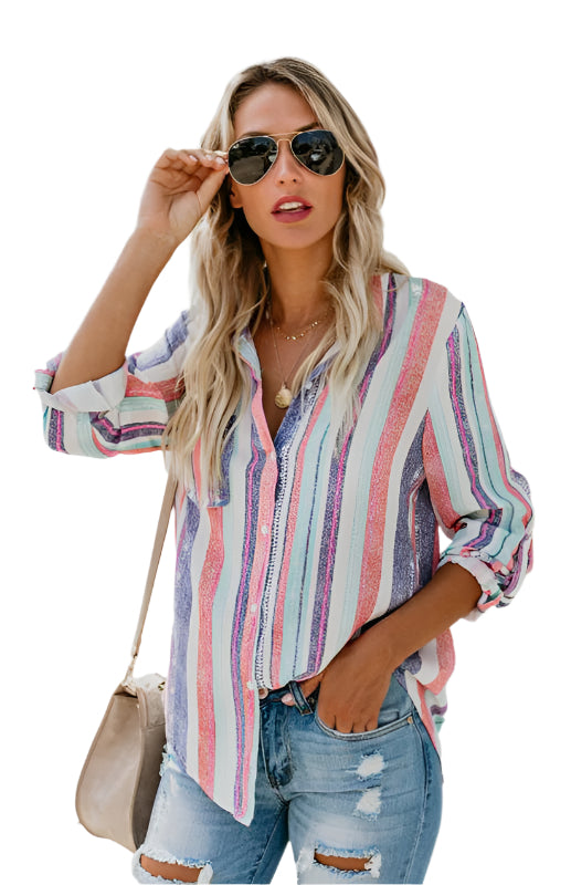 Kvinnors Randig Button-Up Top med Vändkrage