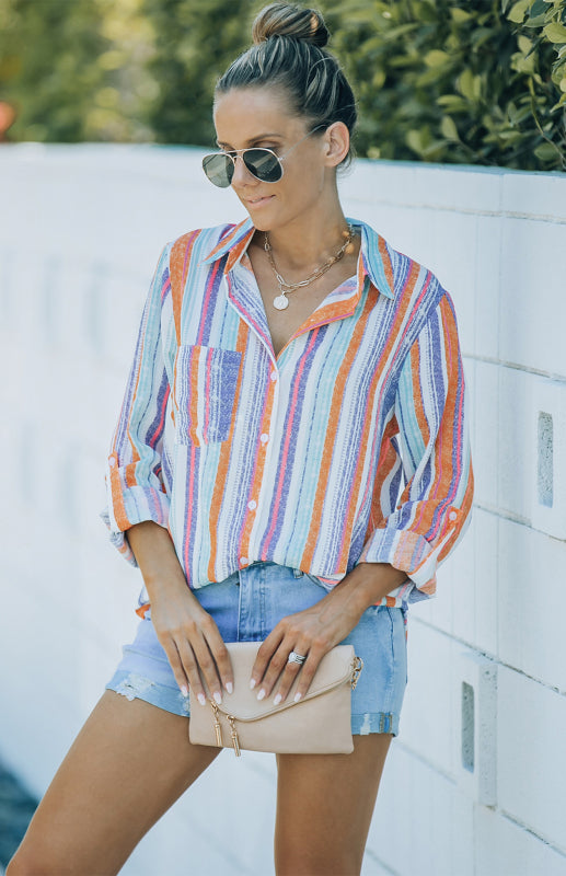 Kvinnors Randig Button-Up Top med Vändkrage