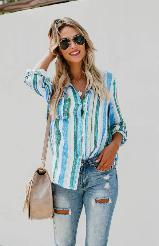 Kvinnors Randig Button-Up Top med Vändkrage