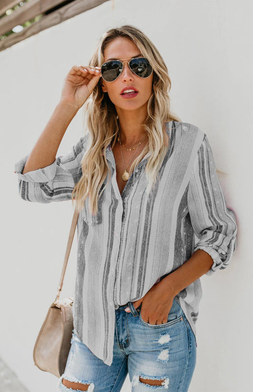 Kvinnors Randig Button-Up Top med Vändkrage