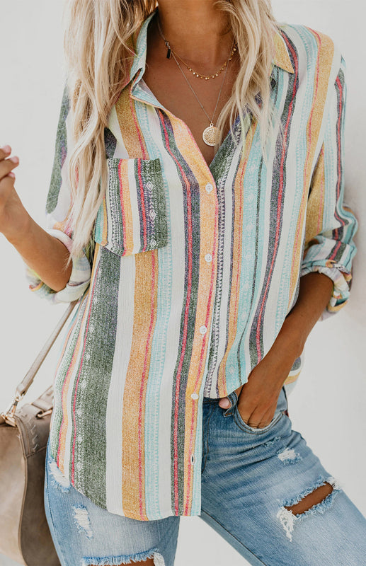 Kvinnors Randig Button-Up Top med Vändkrage