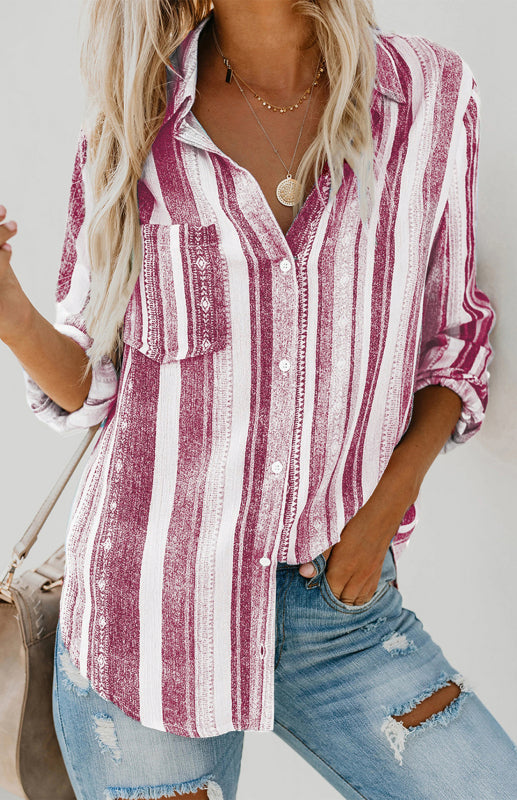 Kvinnors Randig Button-Up Top med Vändkrage