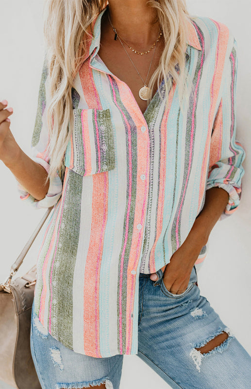Kvinnors Randig Button-Up Top med Vändkrage