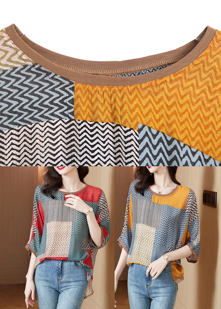 Kvinnors Topp med O-Hals och Patchworkdesign