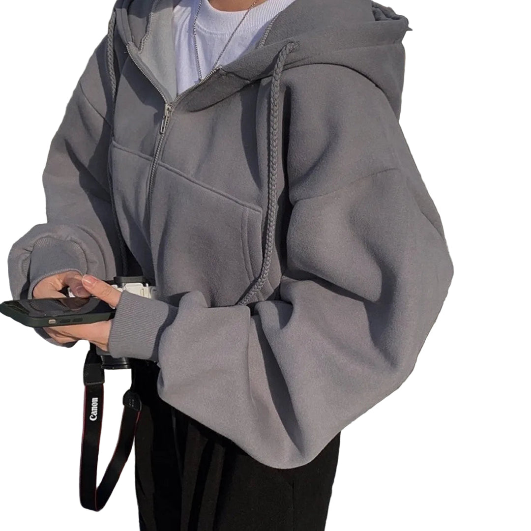 Kvinnors Trendig Hoodie med Dragkedja och Sluttande Axlar
