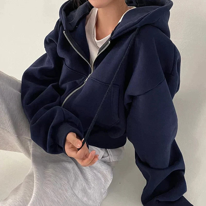 Kvinnors Trendig Hoodie med Dragkedja och Sluttande Axlar