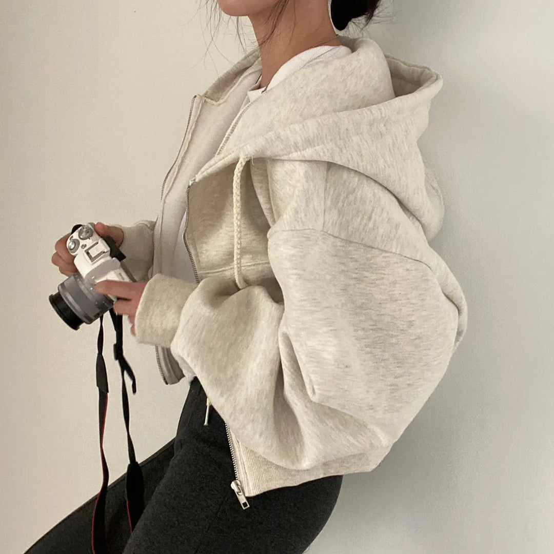 Kvinnors Trendig Hoodie med Dragkedja och Sluttande Axlar