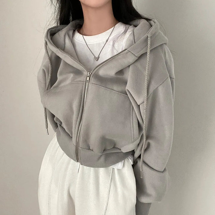Kvinnors Trendig Hoodie med Dragkedja och Sluttande Axlar