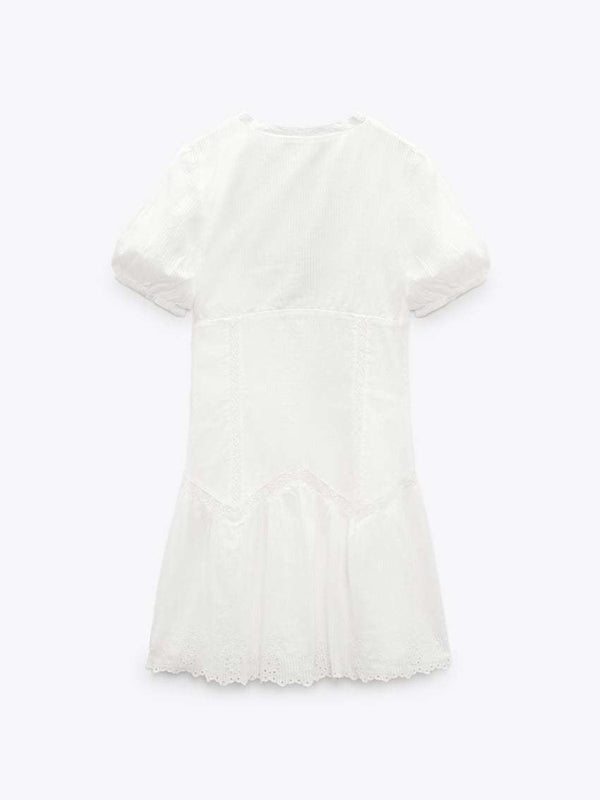 Kvinnors Mini Klänning V-ringad Fluffiga Ärmar Broderad Polyester/Bomull
