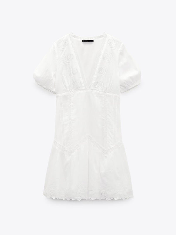 Kvinnors Mini Klänning V-ringad Fluffiga Ärmar Broderad Polyester/Bomull