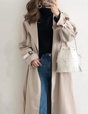 Lång Trench Coat - Enkelknäppt Beige Vattenavvisande Trench Coat för kvinnor