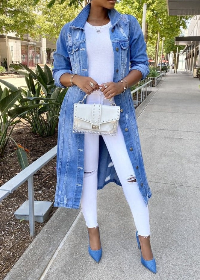 Lång jeansjacka | Rippad | Oversized | Jeansjacka | Jeansjacka för kvinnor