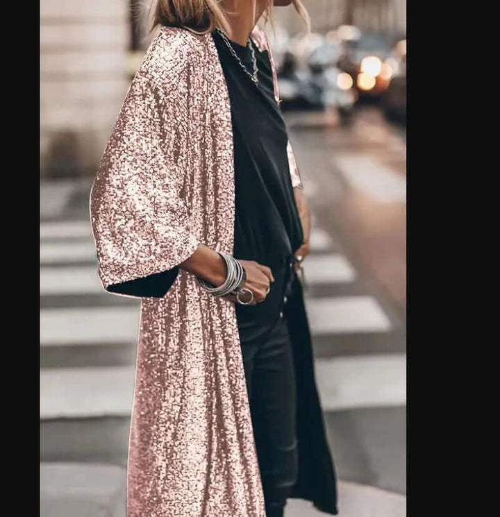 Lång paljettkimono – öppen fram – långa ärmar – glittrig kimono – glitterkofta