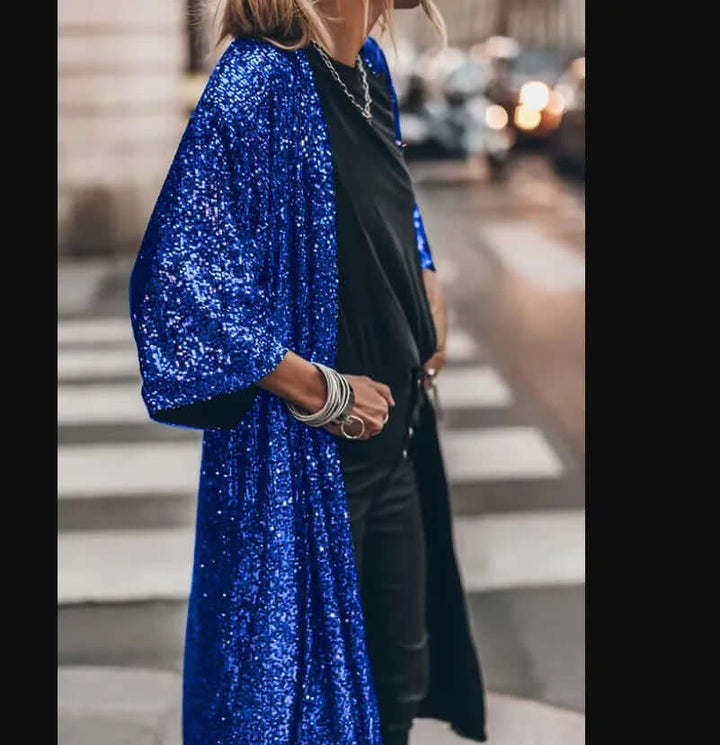 Lång paljettkimono – öppen fram – långa ärmar – glittrig kimono – glitterkofta