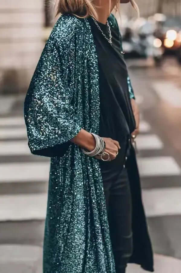 Lång paljettkimono – öppen fram – långa ärmar – glittrig kimono – glitterkofta