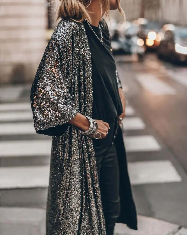 Lång paljettkimono – öppen fram – långa ärmar – glittrig kimono – glitterkofta
