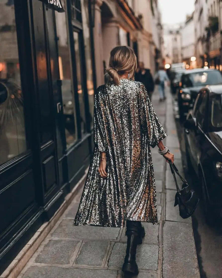 Lång paljettkimono – öppen fram – långa ärmar – glittrig kimono – glitterkofta
