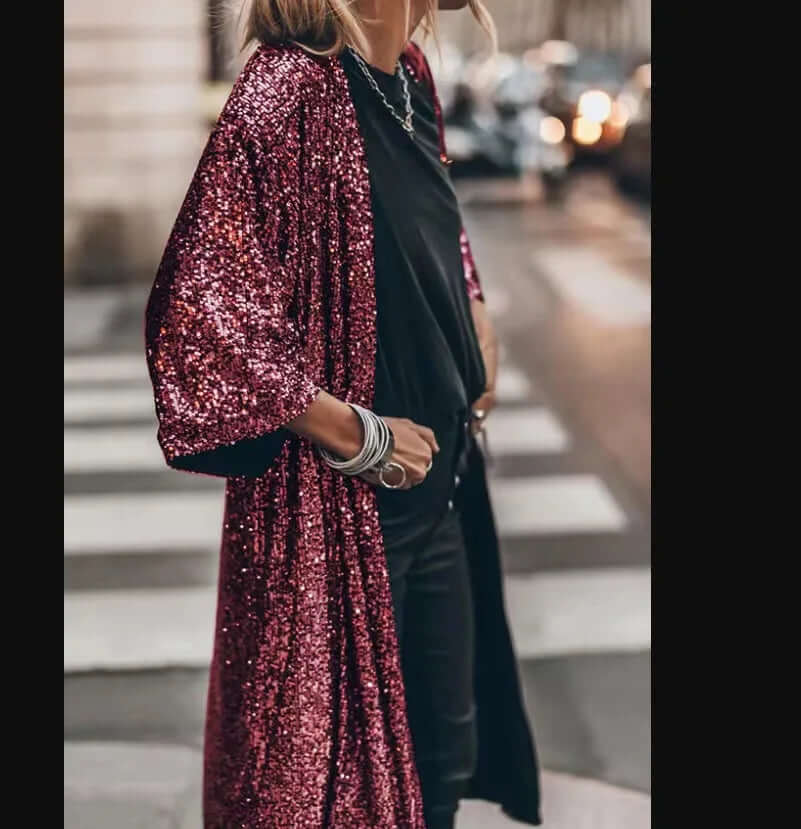 Lång paljettkimono – öppen fram – långa ärmar – glittrig kimono – glitterkofta