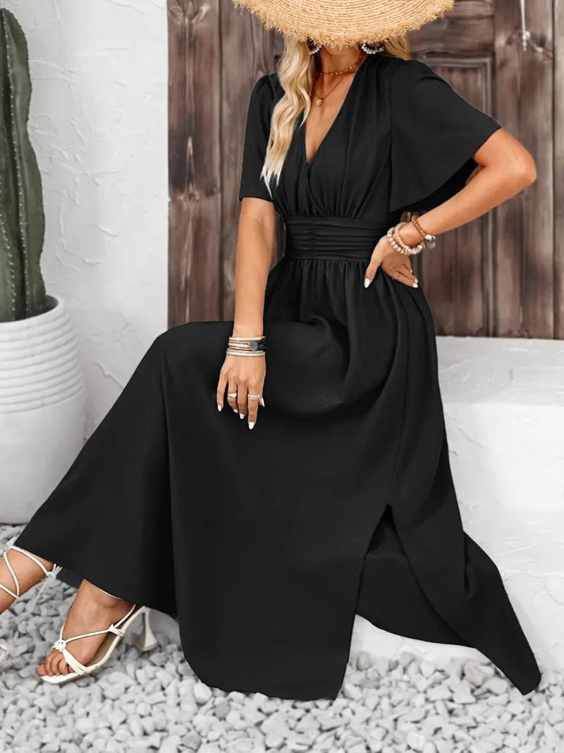Långklänning - Kortärmad - V-hals - Sommarklänning - Maxi Sundress
