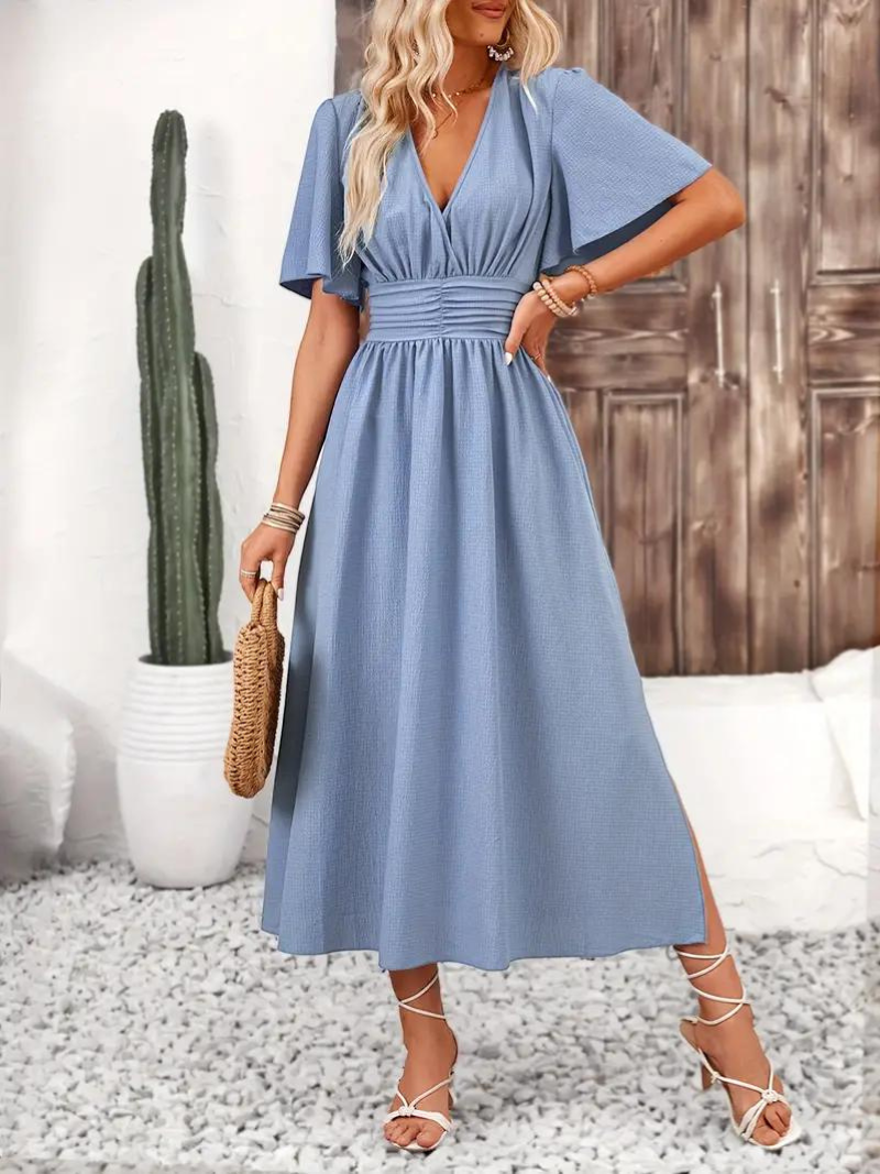 Långklänning - Kortärmad - V-hals - Sommarklänning - Maxi Sundress