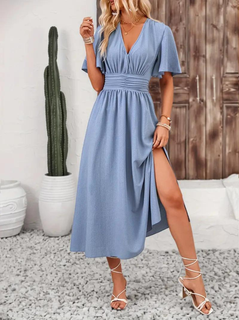 Långklänning - Kortärmad - V-hals - Sommarklänning - Maxi Sundress