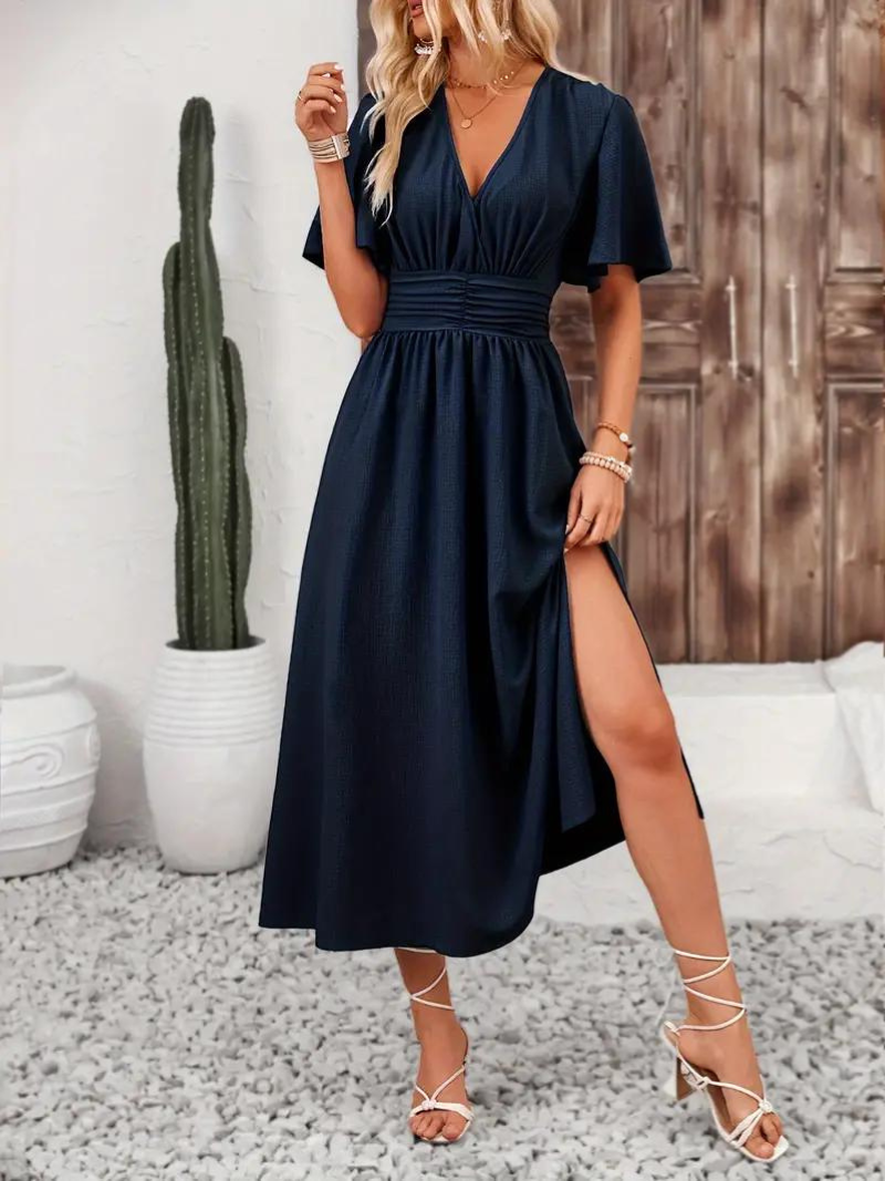 Långklänning - Kortärmad - V-hals - Sommarklänning - Maxi Sundress