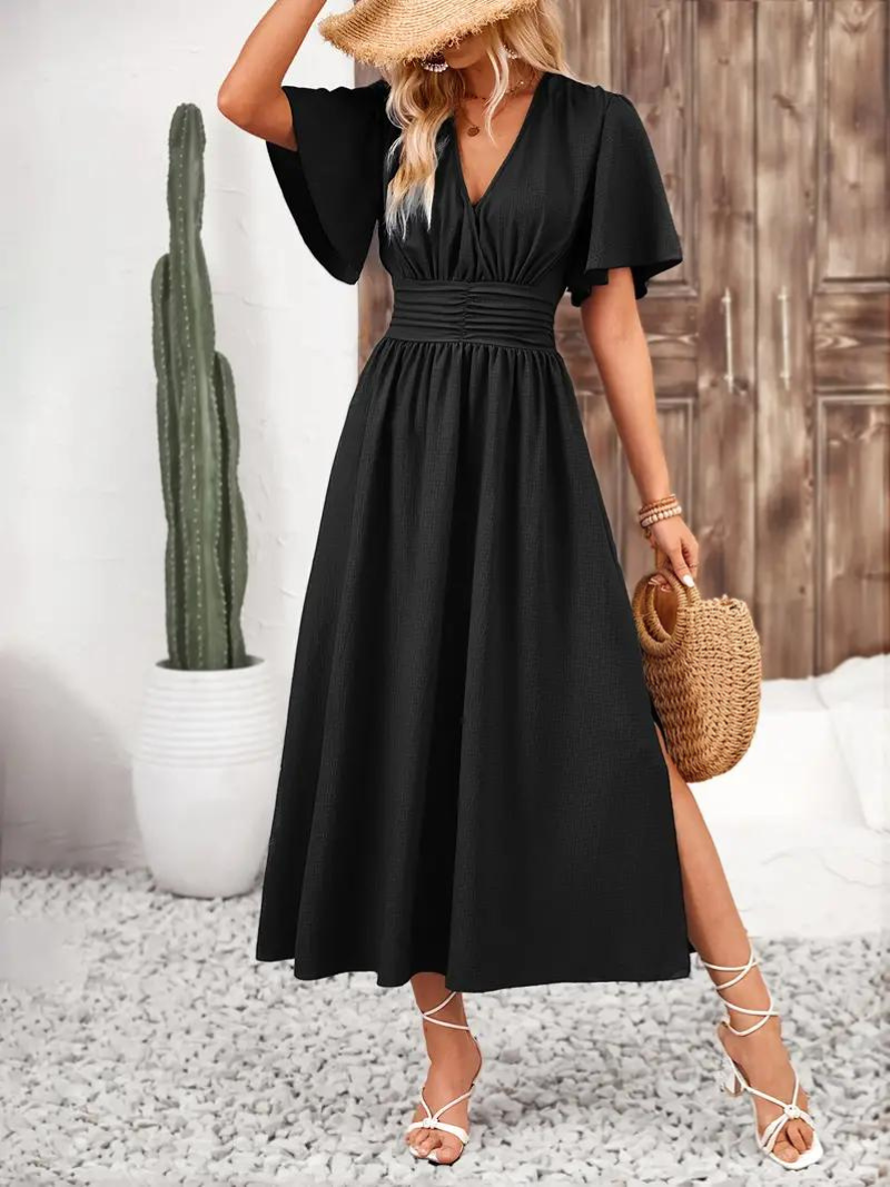 Långklänning - Kortärmad - V-hals - Sommarklänning - Maxi Sundress