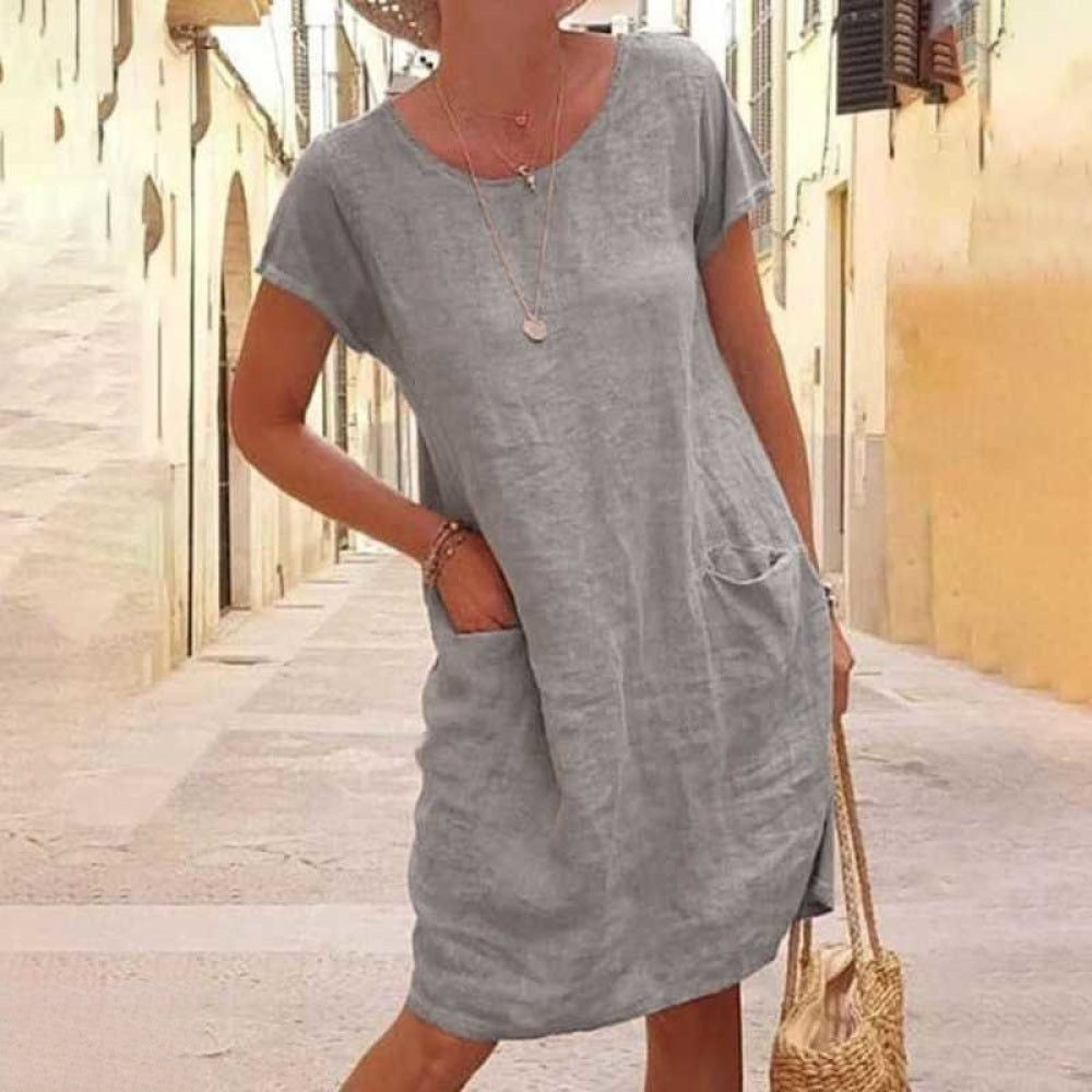 Linne-stil Damklänning Fina Detaljer Klassisk Sommarstil