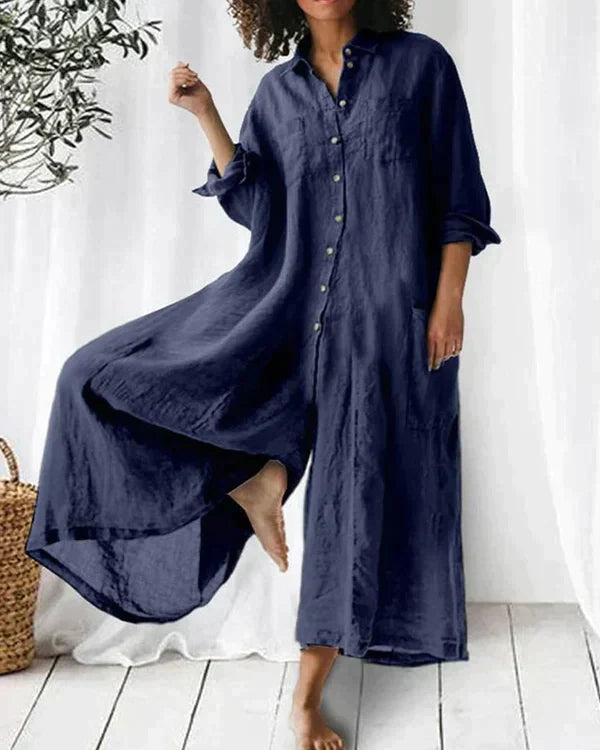 Linen Jumpsuit - Långärmad - Lös passform - Jumpsuit med vida ben - Damkläder