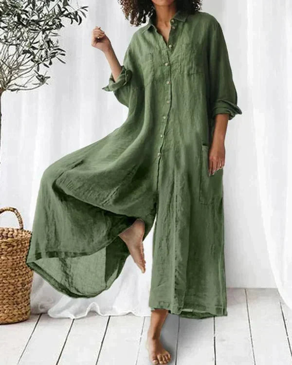 Linen Jumpsuit - Långärmad - Lös passform - Jumpsuit med vida ben - Damkläder