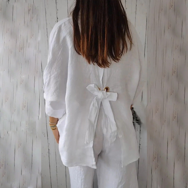 Linen Shirt - Långärmad knytblus med knappar och knytband för kvinnor