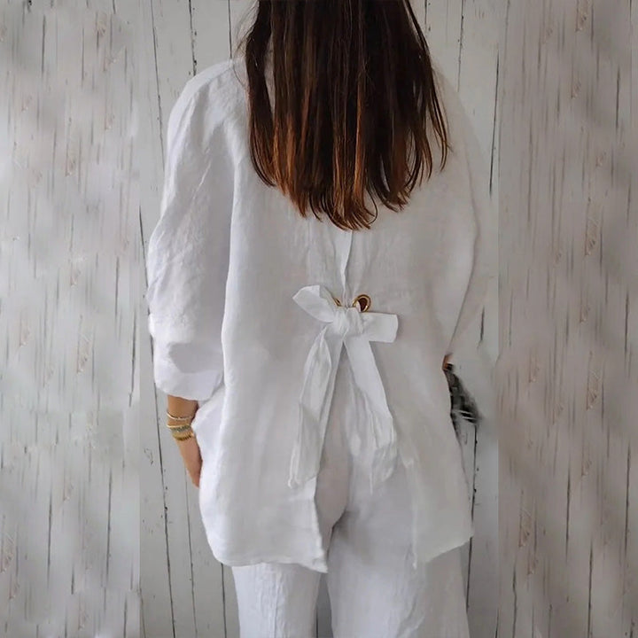 Linen Shirt - Långärmad knytblus med knappar och knytband för kvinnor