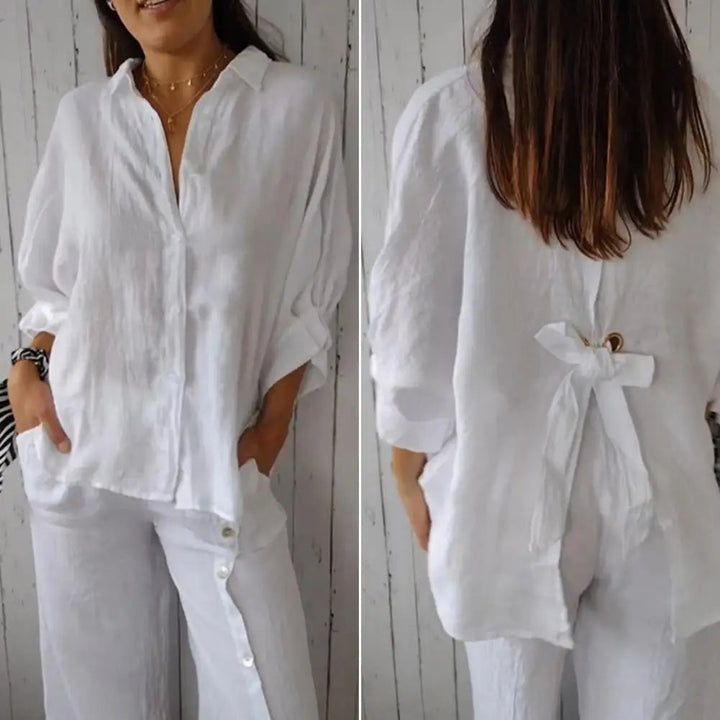 Linen Shirt - Långärmad knytblus med knappar och knytband för kvinnor