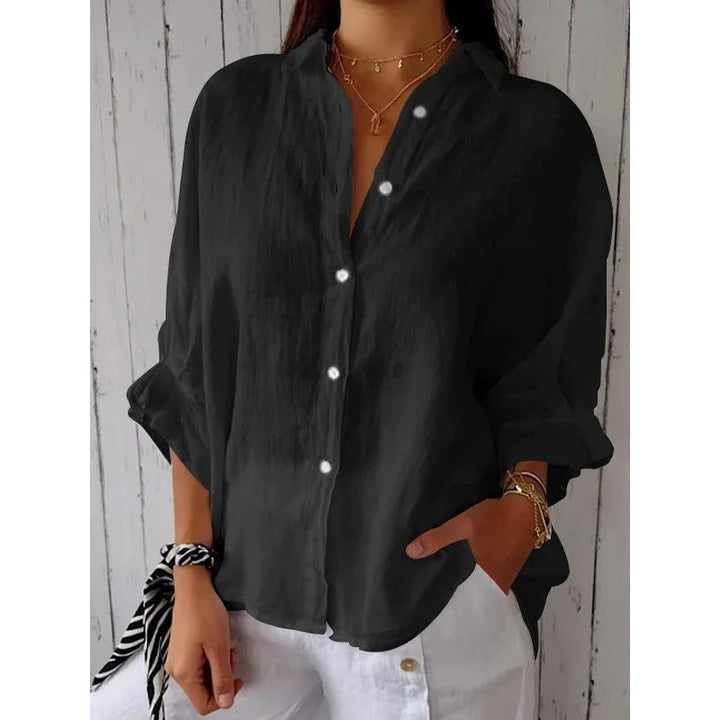 Linen Shirt - Långärmad knytblus med knappar och knytband för kvinnor