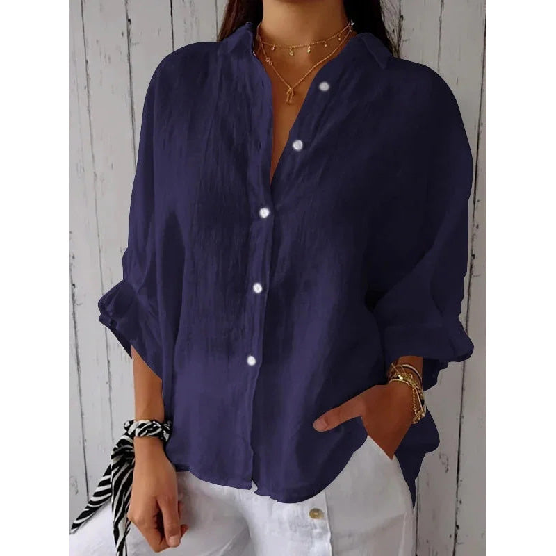 Linen Shirt - Långärmad knytblus med knappar och knytband för kvinnor
