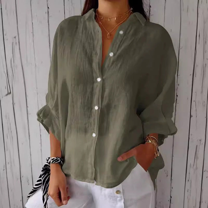 Linen Shirt - Långärmad knytblus med knappar och knytband för kvinnor