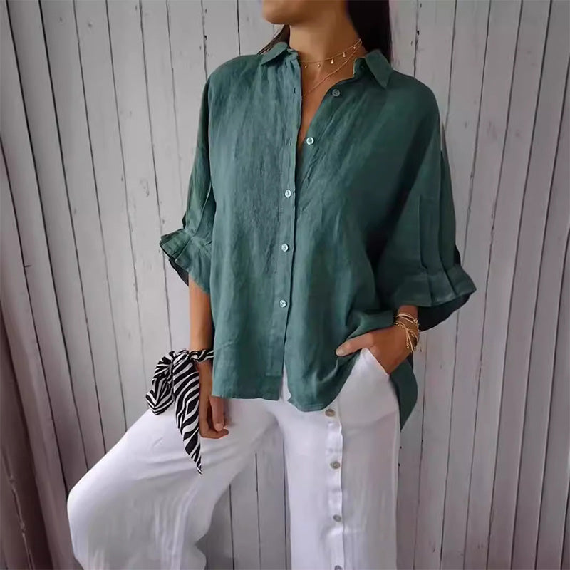 Linen Shirt - Långärmad knytblus med knappar och knytband för kvinnor