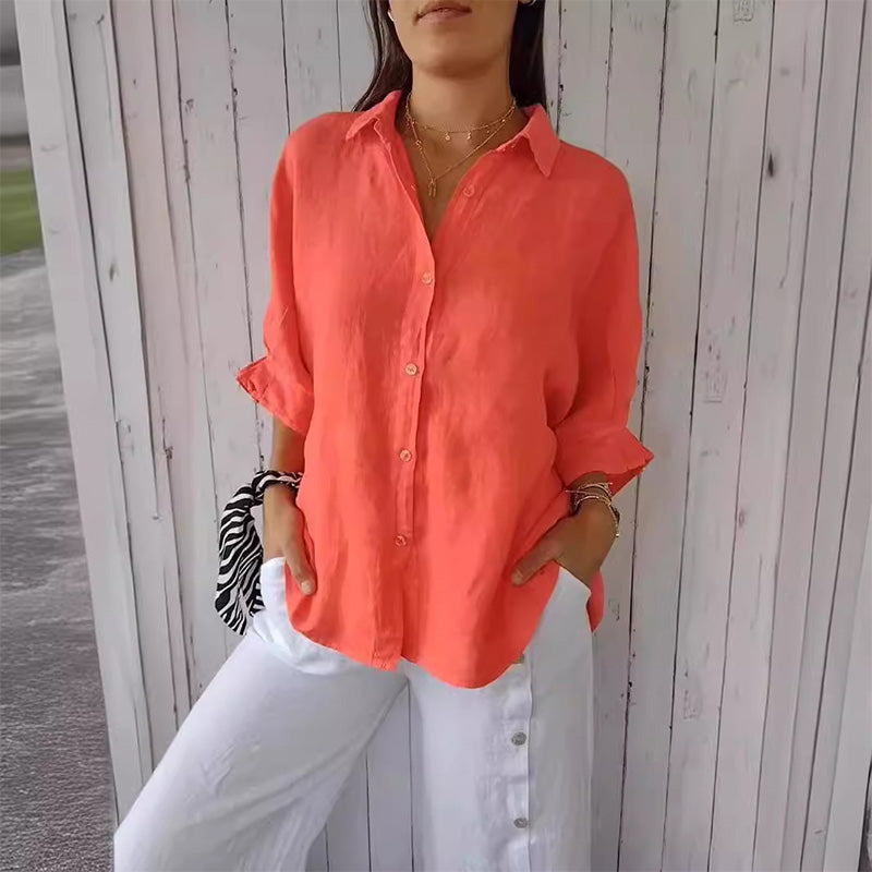 Linen Shirt - Långärmad knytblus med knappar och knytband för kvinnor