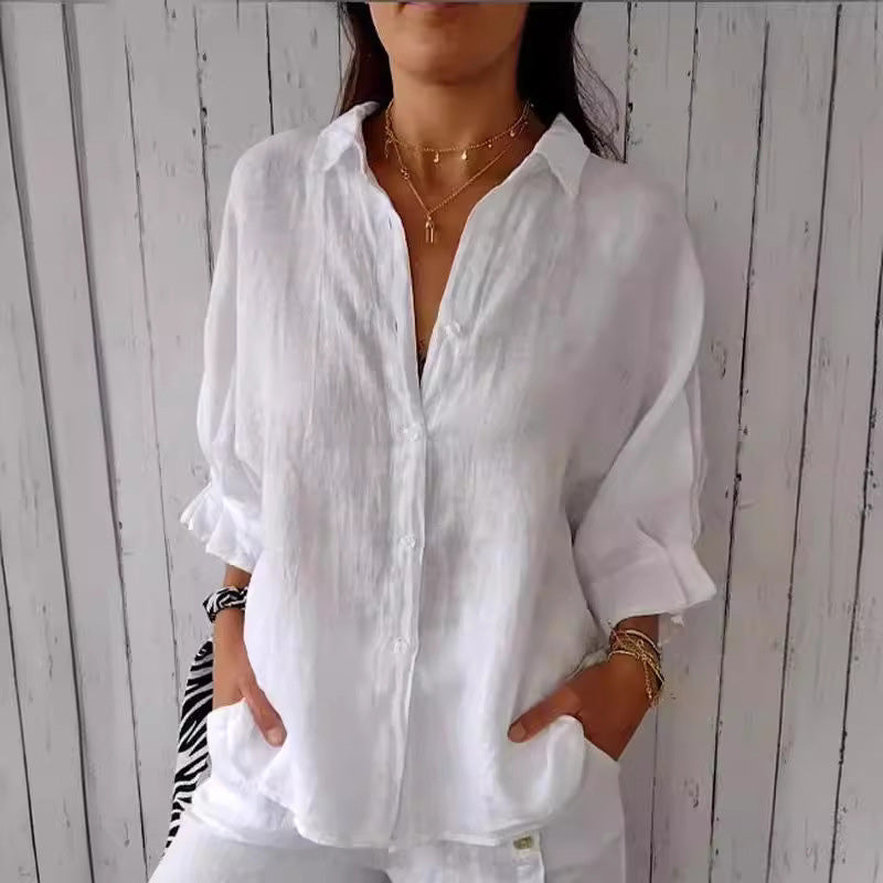 Linen Shirt - Långärmad knytblus med knappar och knytband för kvinnor