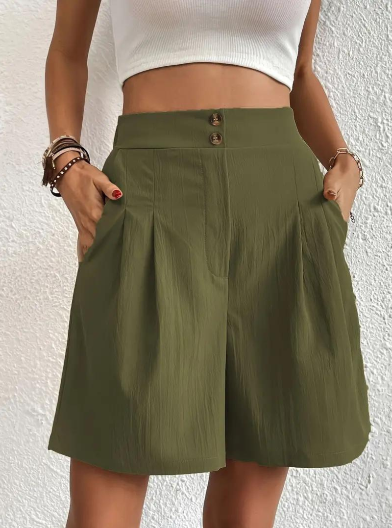 Linen Shorts - Hög midja - Fickor - Sommarshorts - Shorts med vida ben