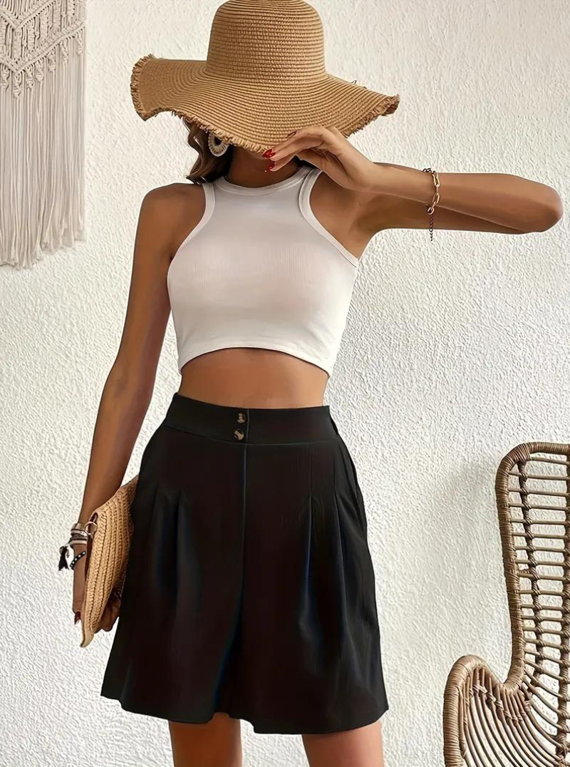 Linen Shorts - Hög midja - Fickor - Sommarshorts - Shorts med vida ben