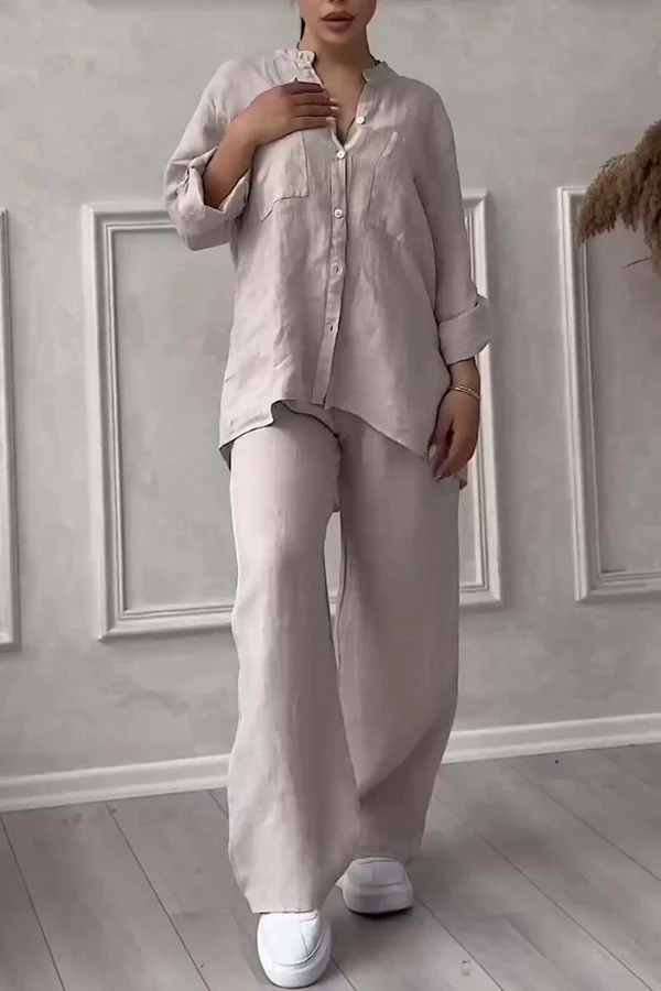 Linne Co-Ord Set | Button-Up | Wide Leg | Tvådelat Set | Linne Skjorta och Byxor Set Dam