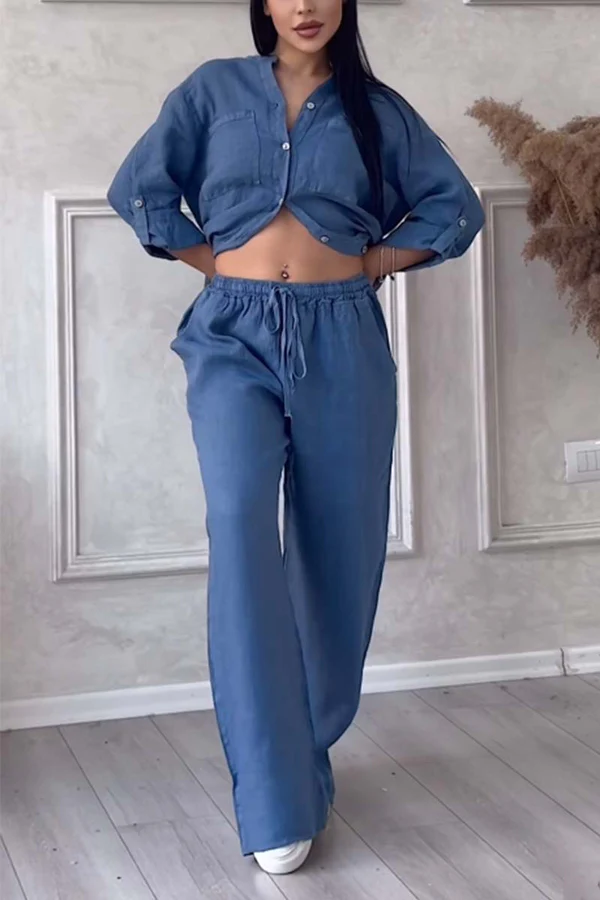 Linne Co-Ord Set | Button-Up | Wide Leg | Tvådelat Set | Linne Skjorta och Byxor Set Dam