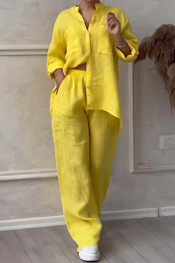 Linne Co-Ord Set | Button-Up | Wide Leg | Tvådelat Set | Linne Skjorta och Byxor Set Dam