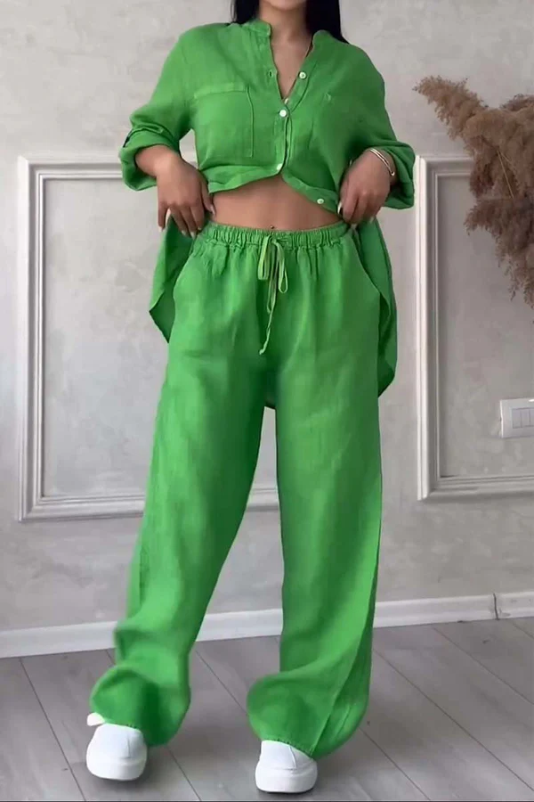 Linne Co-Ord Set | Button-Up | Wide Leg | Tvådelat Set | Linne Skjorta och Byxor Set Dam