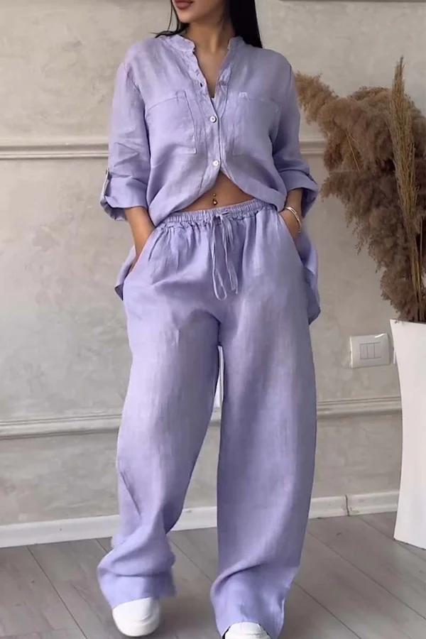 Linne Co-Ord Set | Button-Up | Wide Leg | Tvådelat Set | Linne Skjorta och Byxor Set Dam